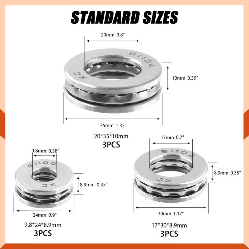 Tanstic 9Pcs Thrust Ball Bearings 10MM 17MM 20MM Bore 24MM 30MM 35MM OD 9MM 10MM Thick, Chrome Steel Single Row Roller Thrust Precision Axial Ball Bearings for Oven Turntable Jack Pump Rotating - Image 2